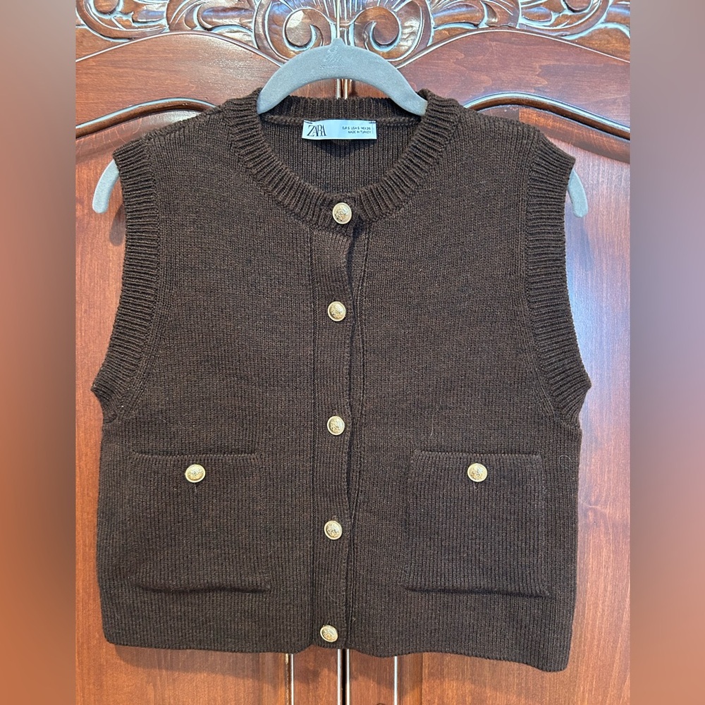 Zara Chocolate Knit Sweater Vest with gold buttons